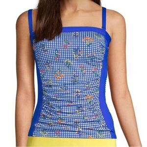 Lands' End Removable Strap Bandeau Tankini Blue Botanical Top Size 12 NEW